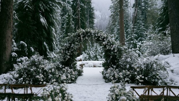 A serene Winter Wallpaper featuring a wedding arch adorned with white flowers and snow in a peaceful snowy forest