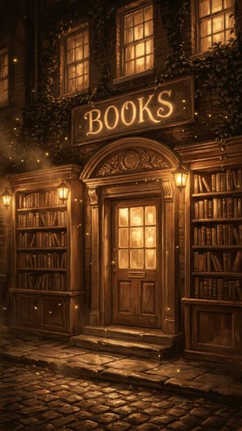 A bookstore facade at night, illuminated by warm lights, in Dark Academia style