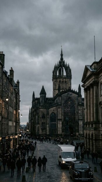 Street view of a cathedral under a cloudy sky in Full HD
