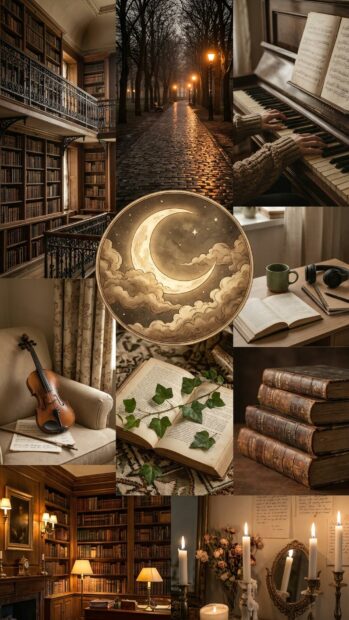 A collage in Dark Academia style with books, a moon illustration, and a vintage library