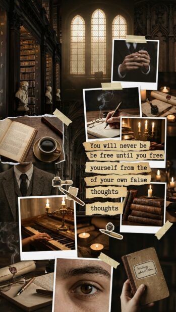 Collage of books, quotes, and vintage elements ideal for a Dark Academia wallpaper