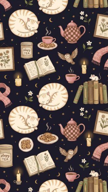 Illustrated cozy pattern with books, cats, and tea, suitable for a Dark Academia wallpaper