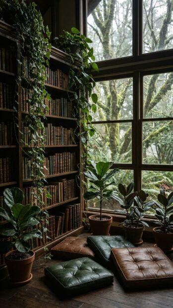 Cozy reading nook with books and plants by a window in Full HD