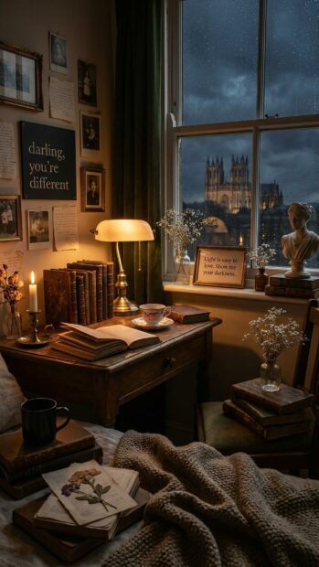 Dark academia wallpaper featuring a cozy study with books, candles, and a window view