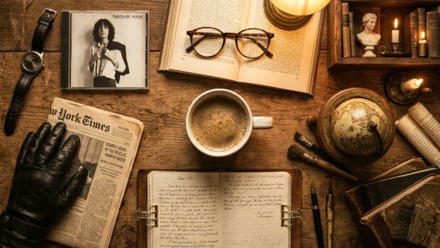 Dark Academia Wallpaper showing a rustic desk with books, coffee, and a globe in 2K