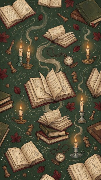 Enchanted books with candles and leaves on a dark green background for dark academia wallpaper