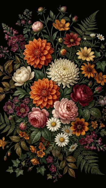 Dark Academia Wallpaper featuring a vibrant floral bouquet with various flowers on a black background