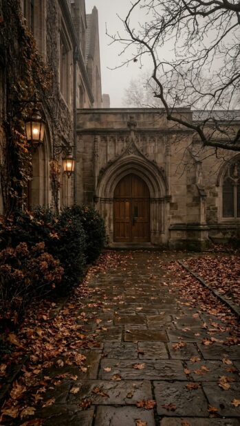 Gothic courtyard with arched doorway and fallen leaves in Full HD