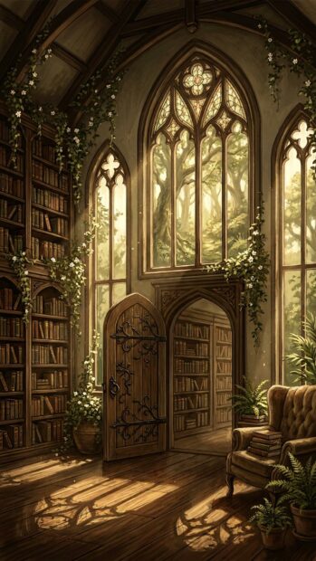 Dark Academia Wallpaper featuring a vintage library with tall windows and bookshelves