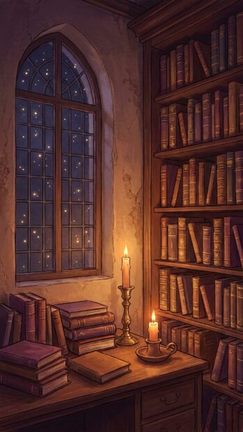 A candle-lit library scene with a starry window view, ideal for a Dark Academia wallpaper