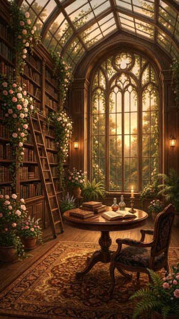 Dark Academia Wallpaper showcasing a cozy library with a wooden table, books, and large windows