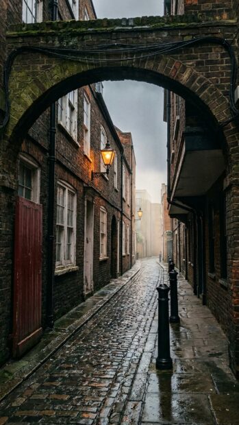 A misty alleyway with brick buildings under an arch, perfect for dark academia wallpaper