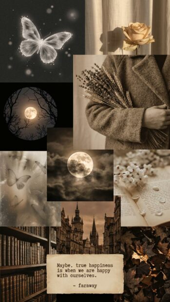 Dark academia wallpaper with a collage of moon, books, and quotes