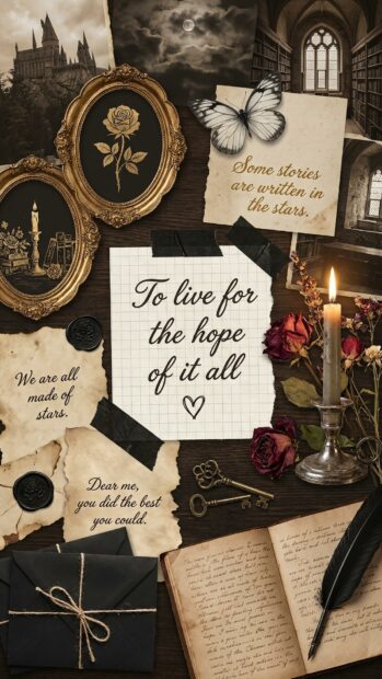 A vintage collage with quotes, flowers, and candles for dark academia wallpaper