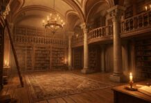 A vintage library with wooden shelves and a chandelier in 2K resolution