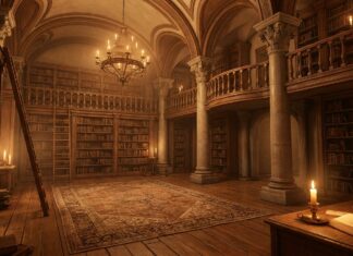 A vintage library with wooden shelves and a chandelier in 2K resolution