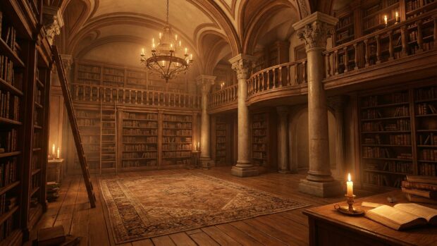 A vintage library with wooden shelves and a chandelier in 2K resolution