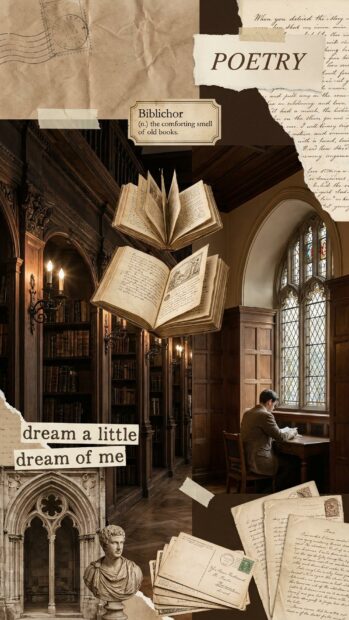 Dark Academia Wallpaper featuring an old library with floating books and poetry elements