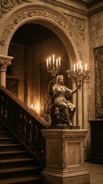 A vintage statue holding candles in a classic architectural setting, perfect for a Dark Academia wallpaper
