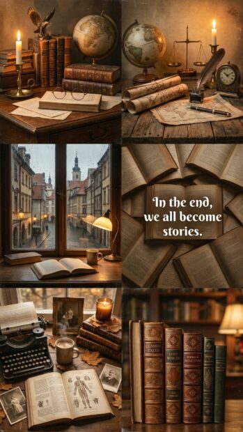 Dark Academia Wallpaper depicting a vintage study with books, globes, and a typewriter
