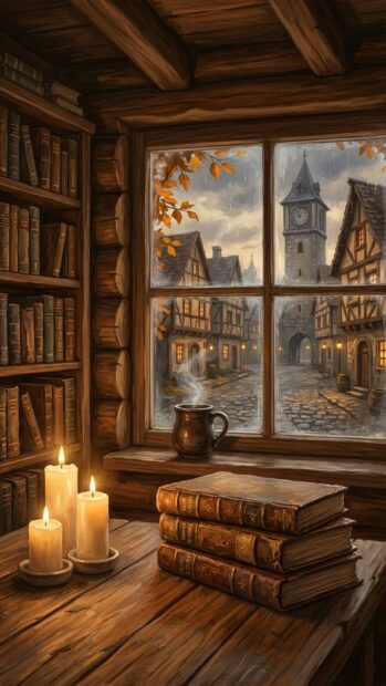 Dark Academia Wallpaper depicting a window view of a quaint village street and books on a table