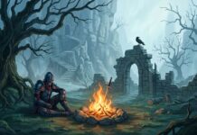A knight sits by a bonfire in ruins, surrounded by a stark landscape in this Dark Souls wallpaper