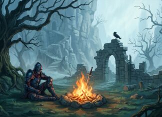 A knight sits by a bonfire in ruins, surrounded by a stark landscape in this Dark Souls wallpaper