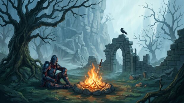 A knight sits by a bonfire in ruins, surrounded by a stark landscape in this Dark Souls wallpaper