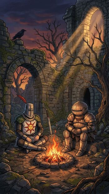 Two knights sitting by a campfire in ruins in Dark Souls Wallpaper