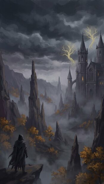 A mysterious figure overlooks a castle surrounded by jagged rocks and lightning in a Dark Souls wallpaper