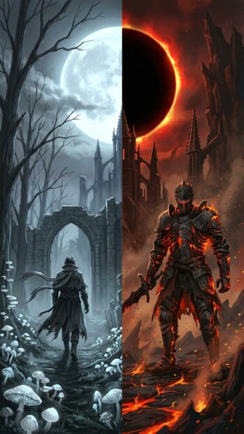 A split image showing a knight in a dark forest and a fiery landscape