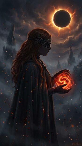 A sorceress holding a fiery orb under an eclipse in Dark Souls Wallpaper