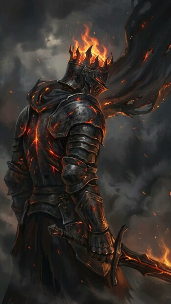 Character with fiery crown and sword in a stormy background in Dark Souls Wallpaper