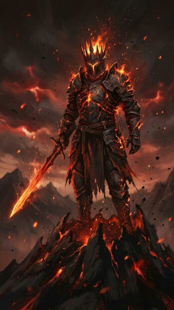 Dark Souls Wallpaper featuring a fiery knight with a glowing sword on a mountain