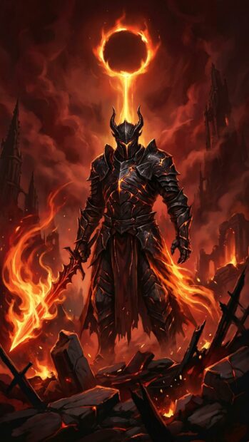 A fiery armored warrior stands with a burning sword and a blazing background