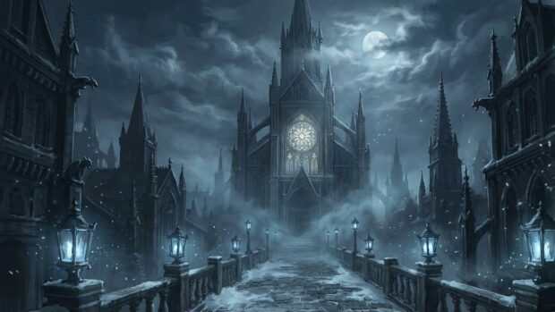 A gothic castle under a full moon with snow and street lamps lining the path