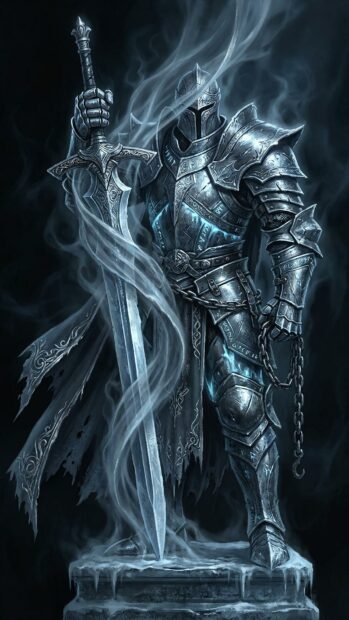 An icy knight in detailed armor stands with a large sword and swirling mist