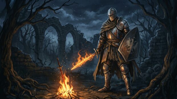 Dark Souls Wallpaper showing a knight by a bonfire in a ruined landscape