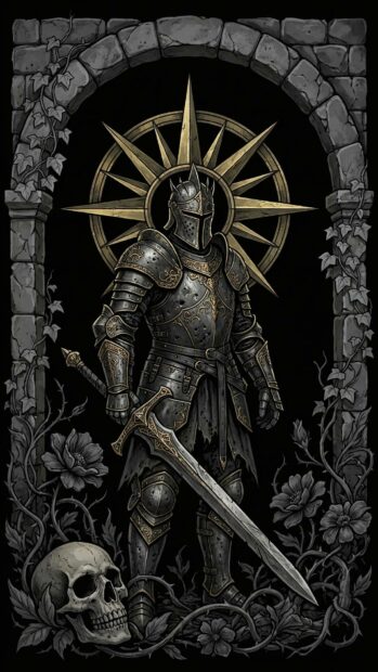 A knight in armor stands in front of a stone arch with a skull and vines at his feet