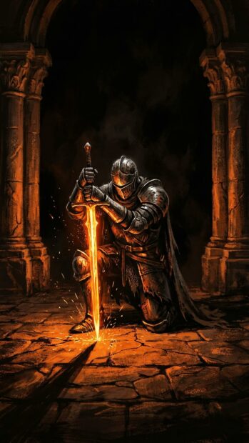 A knight kneels with a glowing sword in a stone chamber in this Dark Souls wallpaper