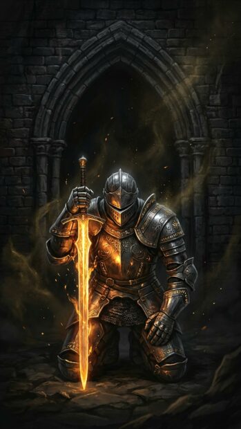 A knight kneeling with a glowing sword in a dark stone archway in Dark Souls Wallpaper