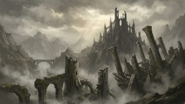 Dark Souls Wallpaper featuring a ruined castle in a misty landscape