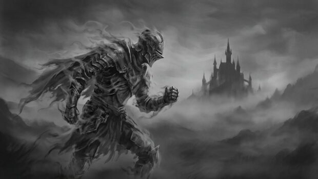 A spectral knight approaches a distant castle shrouded in mist in this grayscale Dark Souls wallpaper