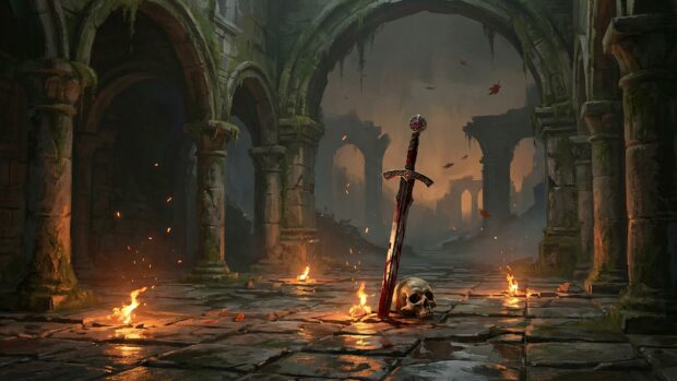 A sword and skull on the ground in an ancient stone hallway in Dark Souls Wallpaper
