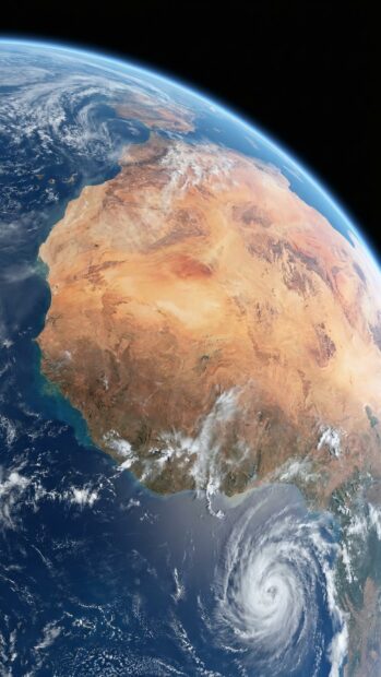 Earth view highlighting Africa with a visible storm over the ocean