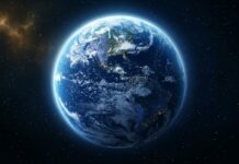 A stunning view of Earth from space with visible continents and ocean