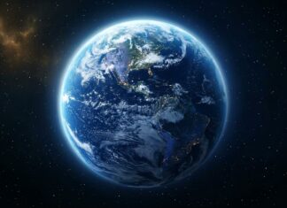 A stunning view of Earth from space with visible continents and ocean