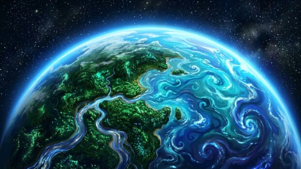 Earth wallpaper depicting a vibrant view of Earth with swirling oceans