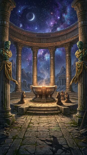 Ancient ruins with a starry night sky and a mysterious altar at the center