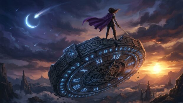 A character standing on a large clock face in a magical landscape